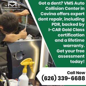 Certified technician performing expert dent repair, including Paintless Dent Repair (PDR), at VMS Auto Collision Center, an I-CAR Gold Class shop in Covina, California, offering a free assessment.