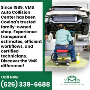 A certified technician working on a car at VMS Auto Collision Center, a trusted family-owned shop in Covina since 1989, known for transparent estimates.