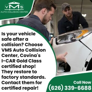 Two technicians at VMS Auto Collision Center, a Covina I-CAR Gold Class certified shop, restoring a vehicle to factory standards after a collision.