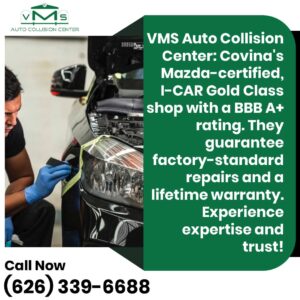 Certified technician polishing a black car at VMS Auto Collision Center, a Mazda-certified, I-CAR Gold Class, and BBB A+ rated repair shop in Covina, CA