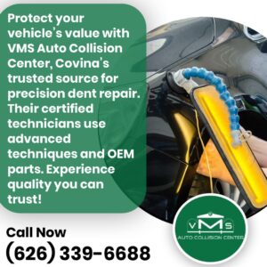 Certified technician performing precision dent repair using advanced techniques and OEM parts at VMS Auto Collision Center in Covina, California, USA, to protect vehicle value.