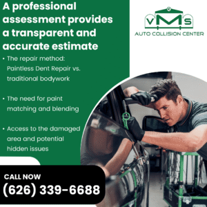 A VMS Auto Collision Center technician performs a paintless dent repair (PDR) on a black car's door. This image highlights the importance of a professional assessment for an accurate, transparent estimate.