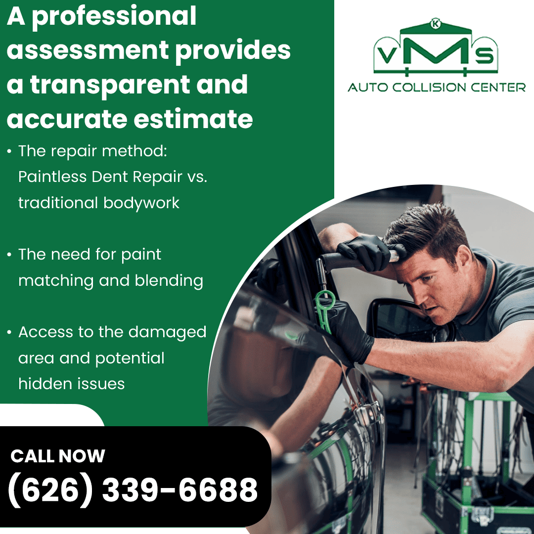 A VMS Auto Collision Center technician performs a paintless dent repair (PDR) on a black car's door. This image highlights the importance of a professional assessment for an accurate, transparent estimate.