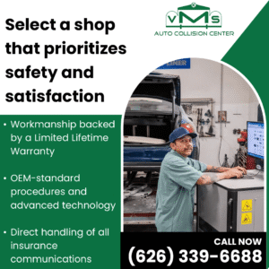 A VMS Auto Collision Center technician works at a computer in the shop, emphasizing the use of advanced technology and OEM-standard procedures backed by a limited lifetime warranty for customer satisfaction.