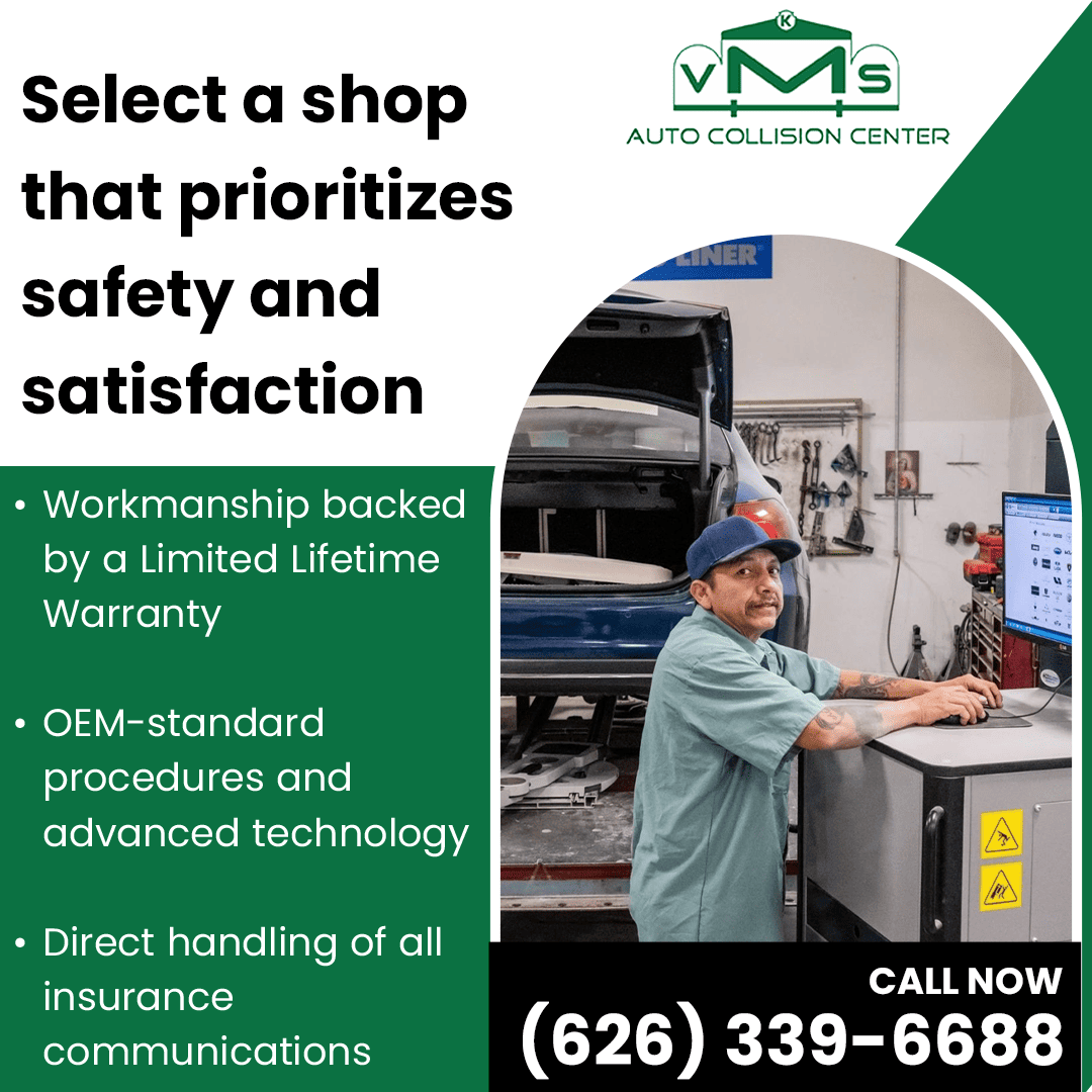 A VMS Auto Collision Center technician works at a computer in the shop, emphasizing the use of advanced technology and OEM-standard procedures backed by a limited lifetime warranty for customer satisfaction.