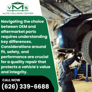A VMS Auto Collision Center technician works on a car lifted on a hydraulic lift. The image discusses the crucial choice between OEM and aftermarket parts and its impact on the vehicle's value and integrity.