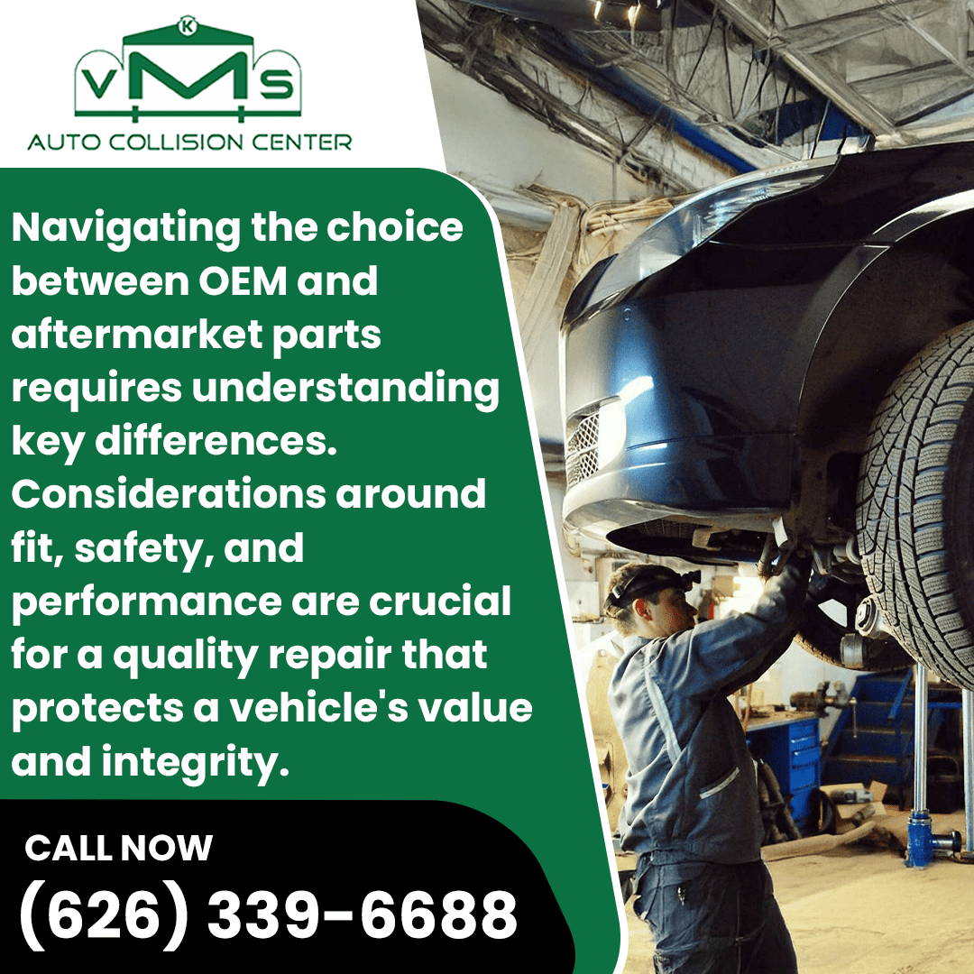 A VMS Auto Collision Center technician works on a car lifted on a hydraulic lift. The image discusses the crucial choice between OEM and aftermarket parts and its impact on the vehicle's value and integrity.
