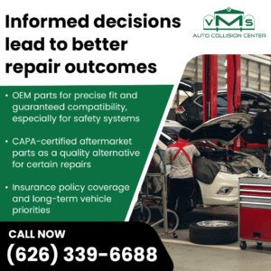 An aerial view of the VMS Auto Collision Center shop floor with several cars and technicians, illustrating the use of OEM and CAPA-certified parts for better repair outcomes.