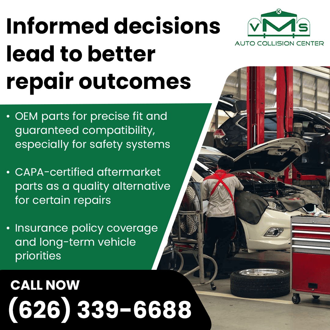 An aerial view of the VMS Auto Collision Center shop floor with several cars and technicians, illustrating the use of OEM and CAPA-certified parts for better repair outcomes.