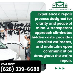 A couple talks with a technician at the VMS Auto Collision Center reception desk, looking at a white car. The scene emphasizes a clear, transparent repair process with no hidden costs.