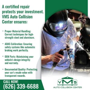 A VMS Auto Collision Center technician wearing a welding helmet while working on a car, representing their certified repair process that includes ADAS calibration and using OEM parts.