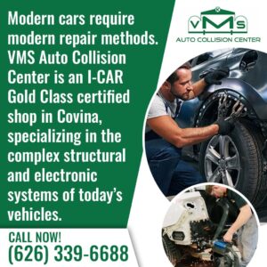 A VMS Auto Collision Center technician working on a car, emphasizing the shop's I-CAR Gold Class certification for repairing complex structural and electronic systems.