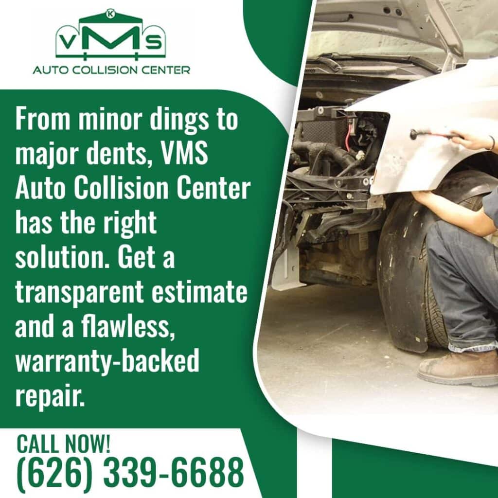 A VMS Auto Collision Center technician repairing a dent on a car's fender, showcasing their ability to handle everything from minor dings to major dents with a transparent estimate.