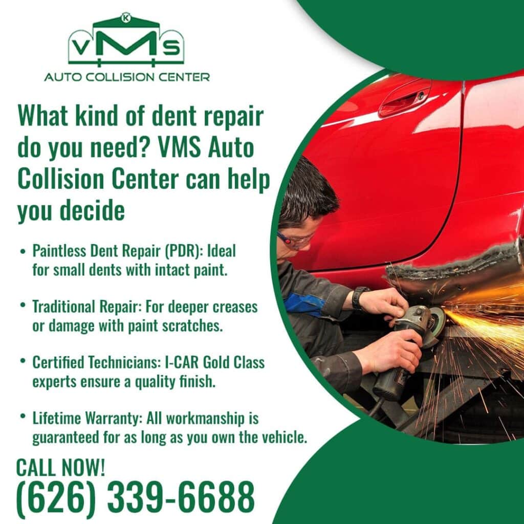 A VMS Auto Collision Center technician using a grinder on a car's body, illustrating the difference between paintless dent repair (PDR) and traditional repair methods.