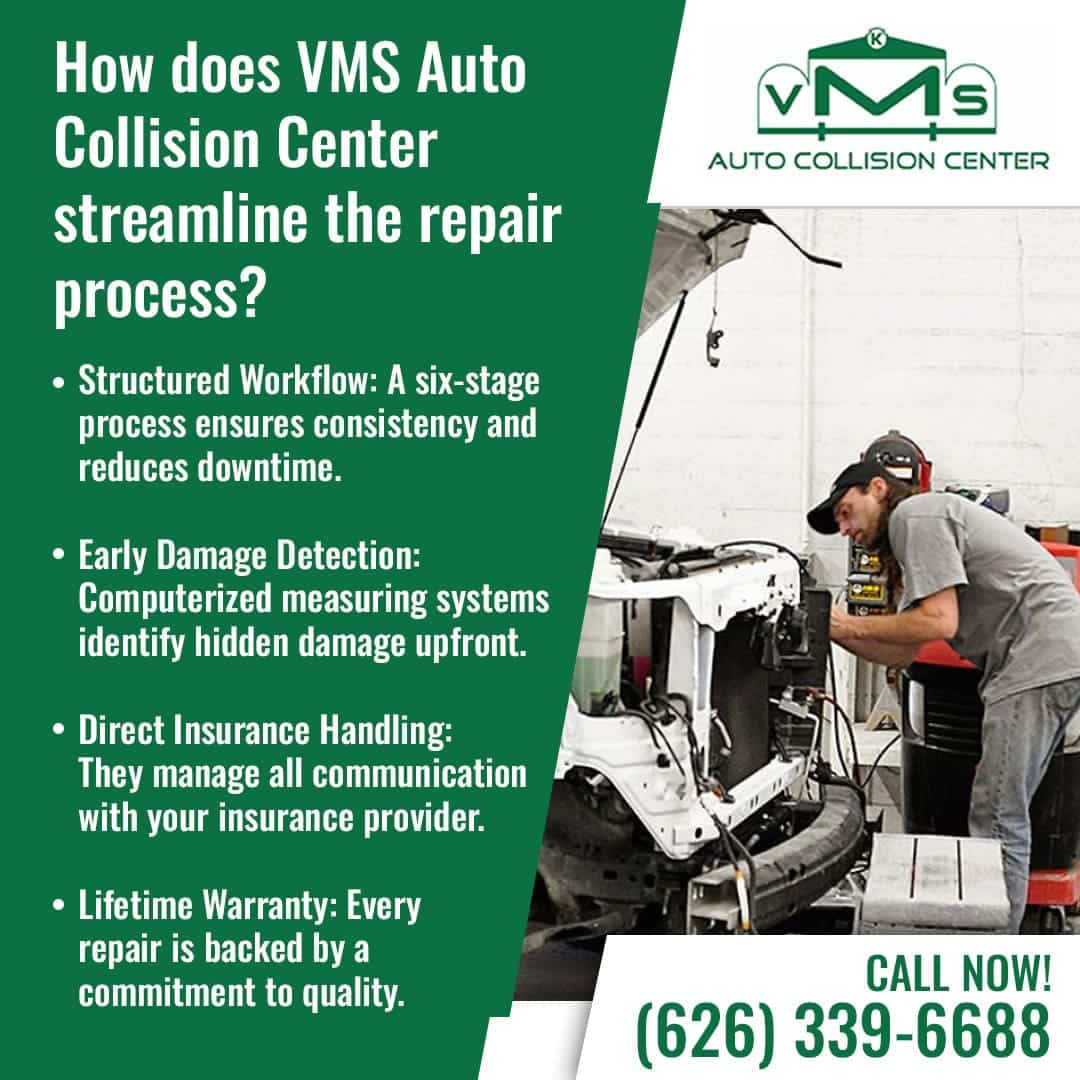 A VMS Auto Collision Center technician working under the hood of a car, illustrating their structured repair workflow, computerized damage detection, and direct insurance handling.