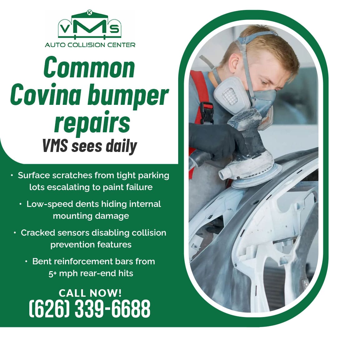 VMS Auto Collision Center technician repairing a bumper with surface scratches, low-speed dents, cracked sensors, and bent reinforcement bars in Covina.