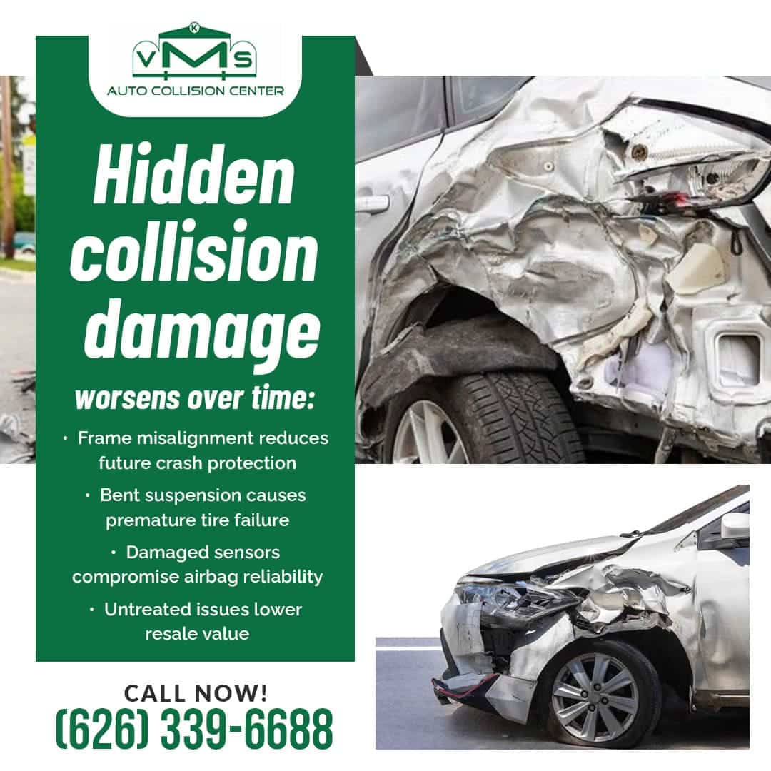 Image showing severe vehicle collision damage, warning about hidden issues like frame misalignment, bent suspension, and damaged sensors that worsen over time.