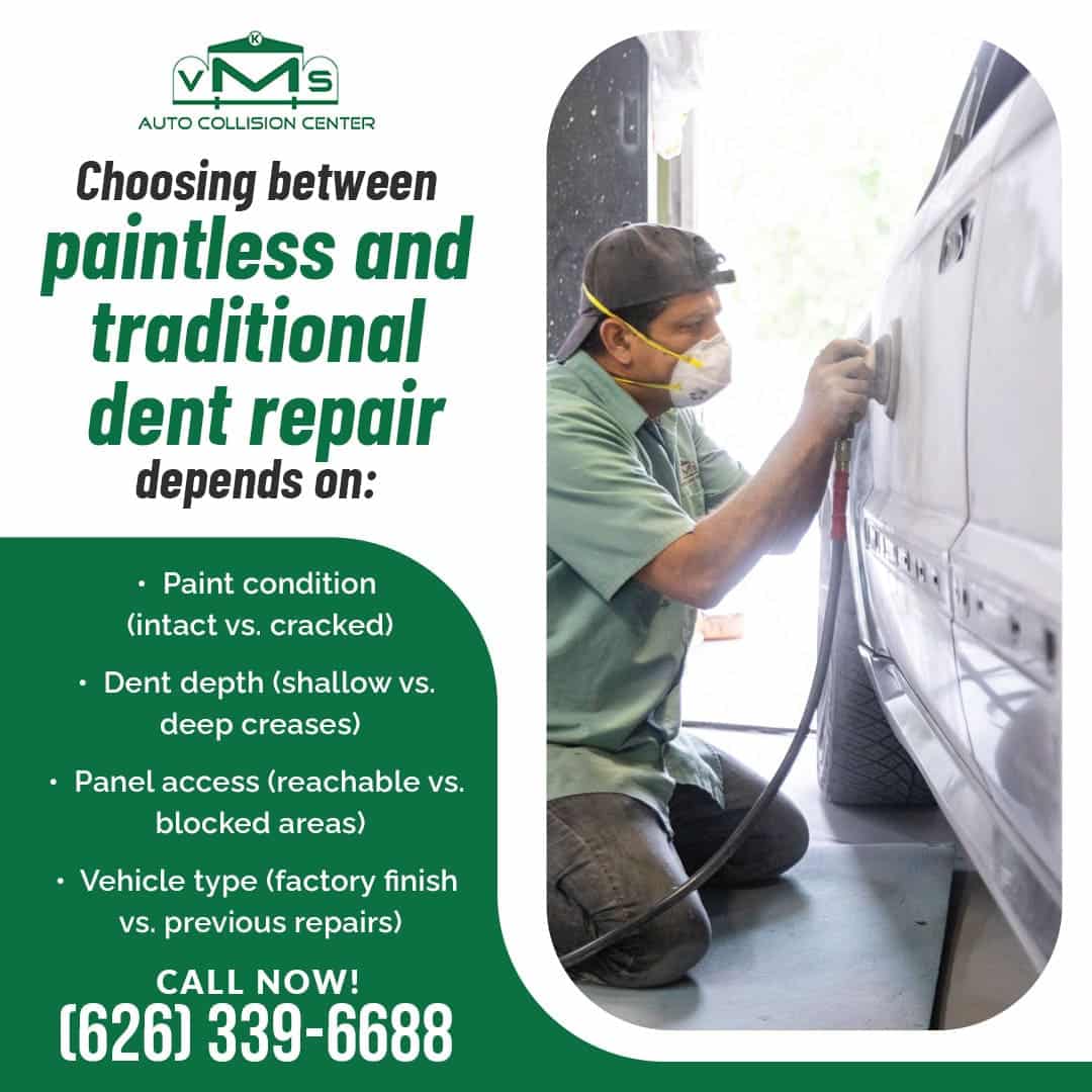 VMS Auto Collision worker sanding a vehicle panel, highlighting factors for choosing between paintless and traditional dent repair (paint condition, dent depth, access).