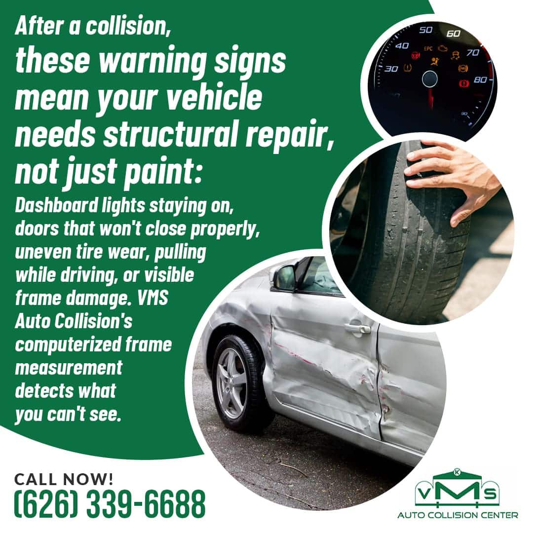 A damaged vehicle side and dashboard warning lights, advising that signs like uneven tire wear and pulling mean structural frame repair is needed, offered by VMS Covina.