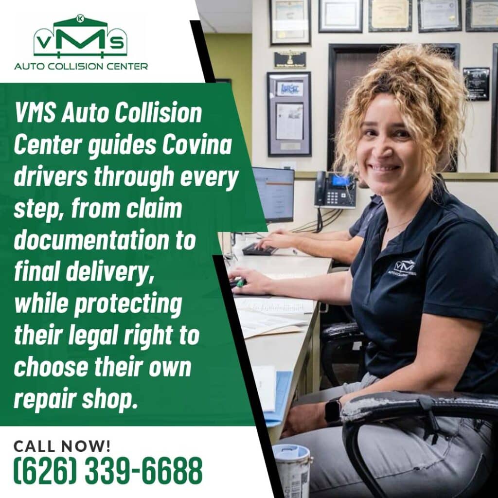 Auto body shop staff assisting customer with collision repair insurance claim documentation and service process