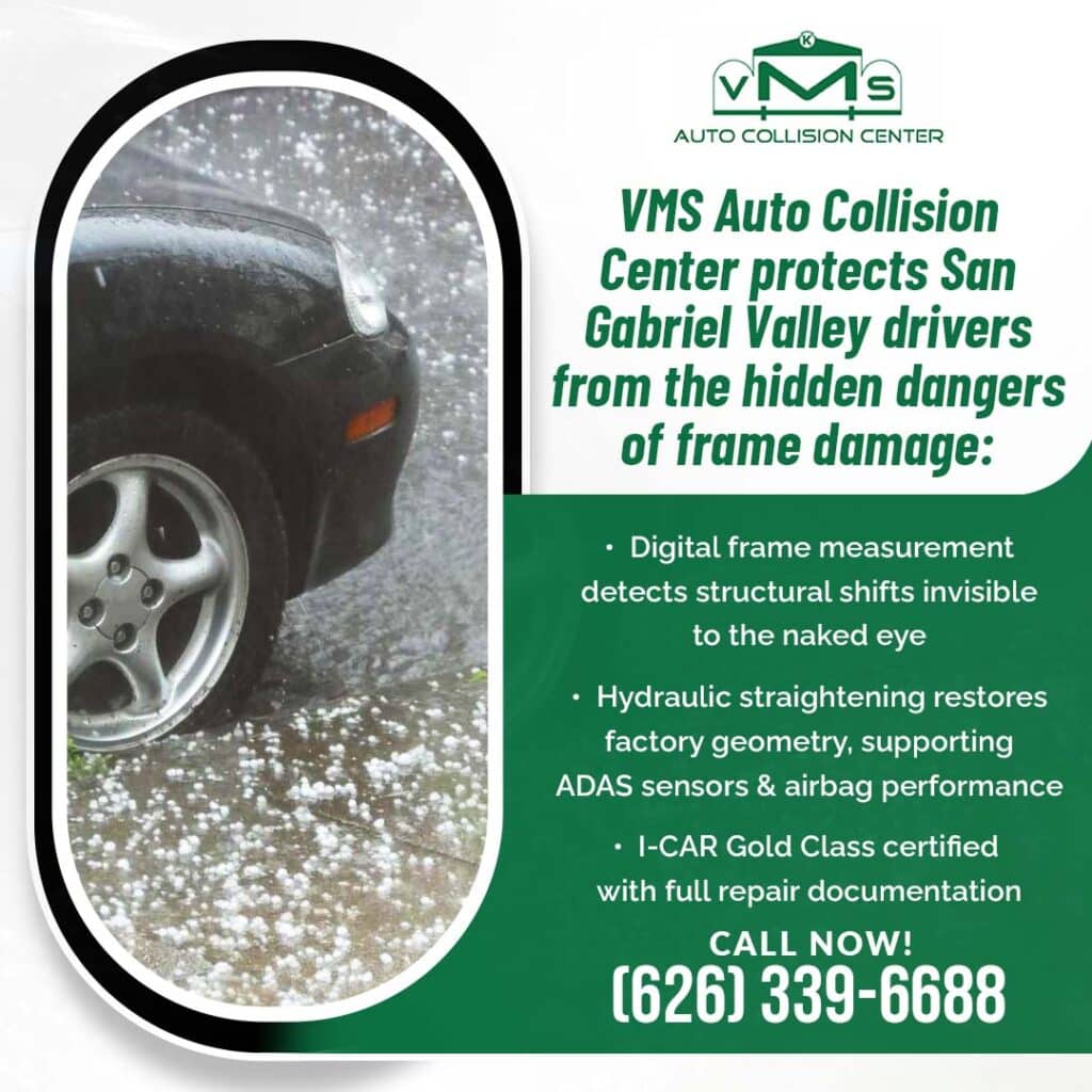 Car exposed to hail damage showing potential impact risks requiring frame inspection and collision repair