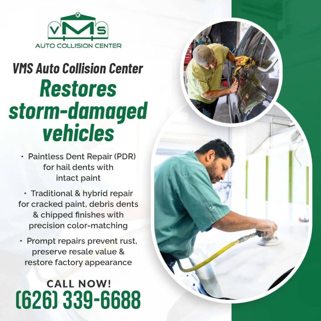 Technician performing paintless dent repair and refinishing on storm-damaged vehicle at auto body shop