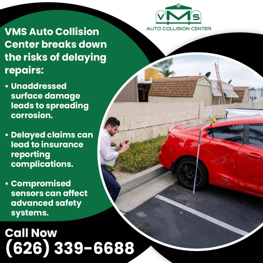 Technician documenting collision damage on a red car at VMS Auto Collision Center before repair and insurance claim processing