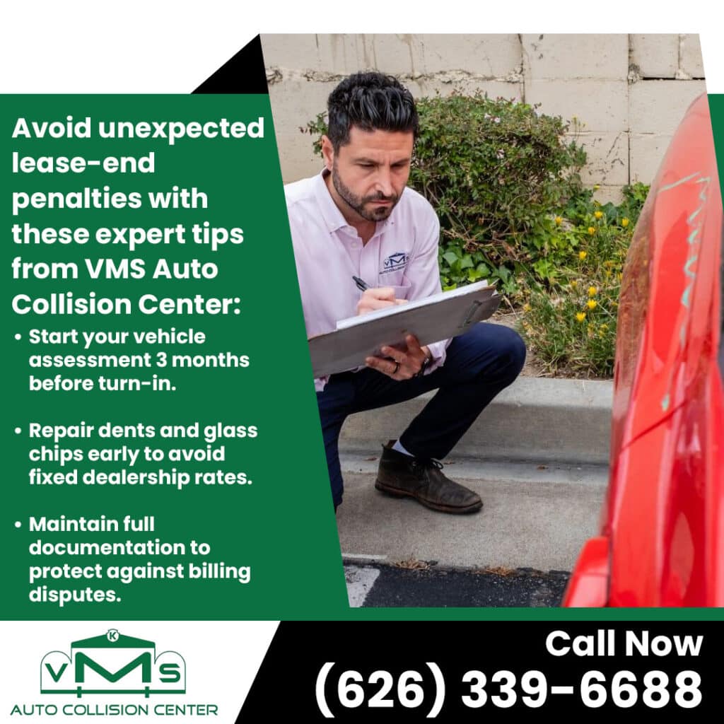VMS Auto Collision Center specialist assessing a red vehicle for lease-end damage and documenting repairs before turn-in