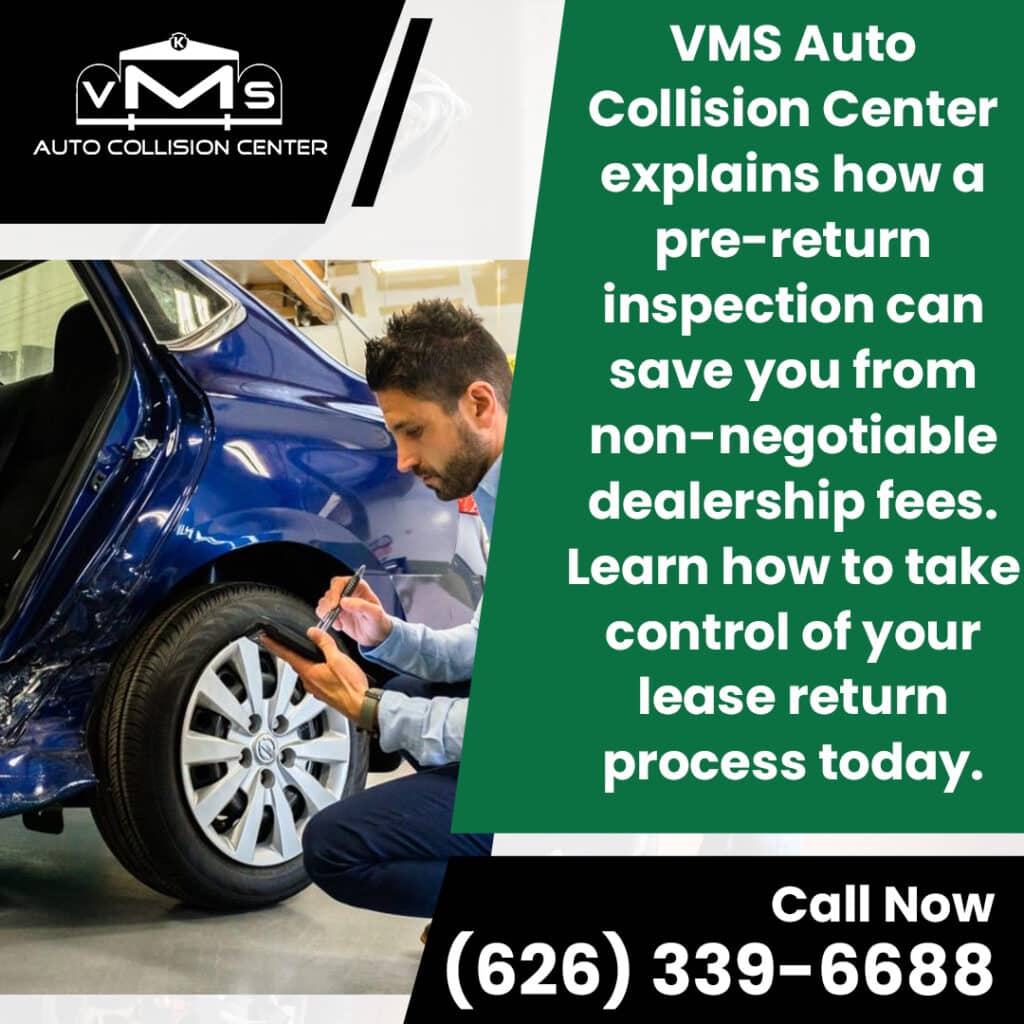Technician inspecting a blue vehicle for lease return damage at VMS Auto Collision Center to help avoid dealership fees