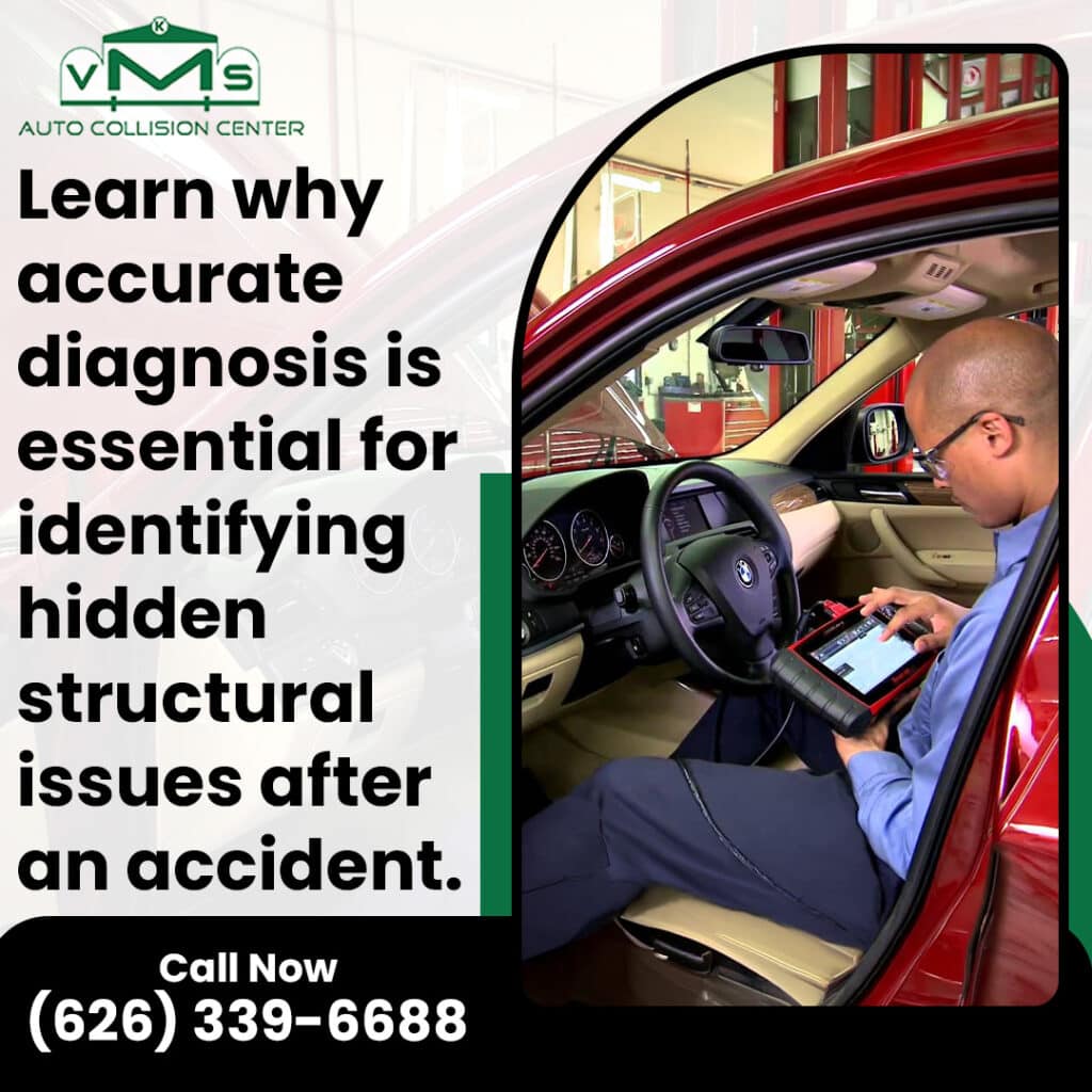 Technician performing a diagnostic scan inside a vehicle at VMS Auto Collision Center to identify hidden structural and post-accident issues