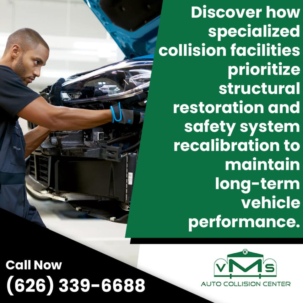 Technician aligning front-end components during collision repair at VMS Auto Collision Center, highlighting structural restoration and safety system recalibration.