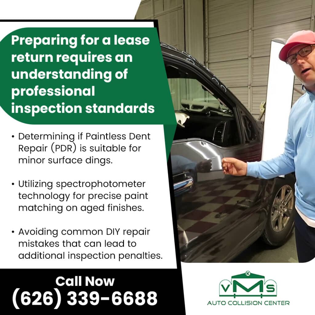 Technician inspecting vehicle door damage at VMS Auto Collision Center for lease return preparation, including PDR suitability and paint match evaluation