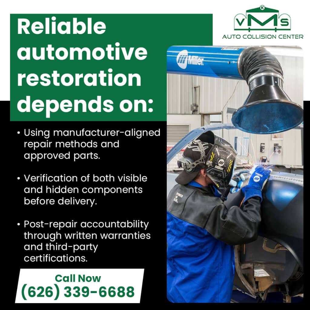 Technician welding a vehicle panel at VMS Auto Collision Center, representing manufacturer-aligned repair methods, hidden component verification, and reliable automotive restoration.