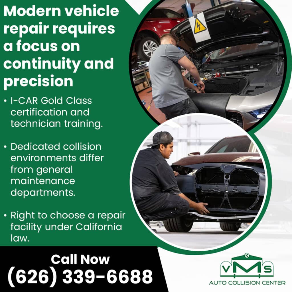 Collision repair technicians working on late-model vehicles at VMS Auto Collision Center, emphasizing precision repairs, certified training, and dedicated collision repair facilities