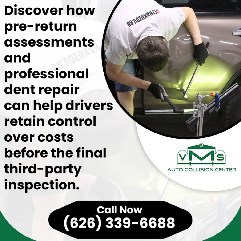 Technician performing paintless dent repair assessment on a vehicle door at VMS Auto Collision Center before final third-party inspection.