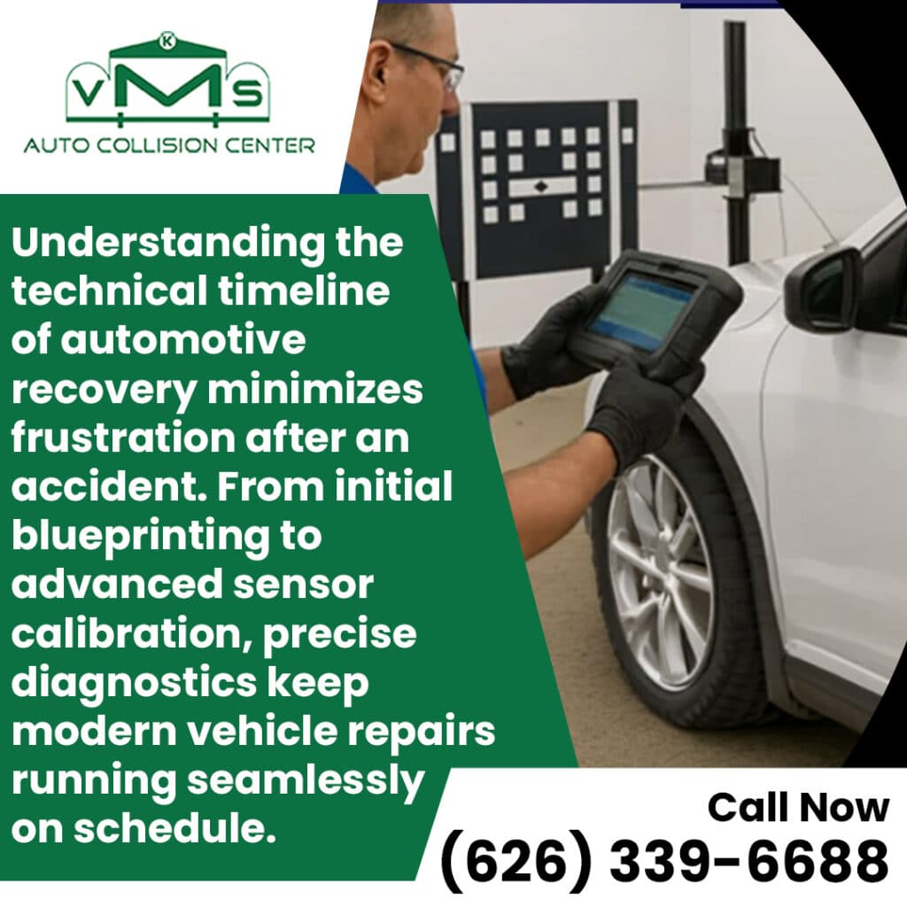 Graphic from VMS Auto Collision Center on the recovery timeline from blueprinting to advanced sensor calibration.