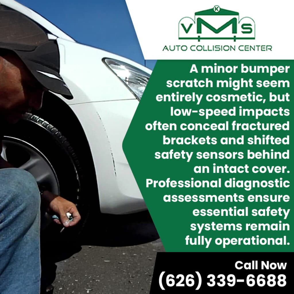 Graphic from VMS Auto Collision Center explaining how minor bumper scratches can conceal fractured internal brackets.