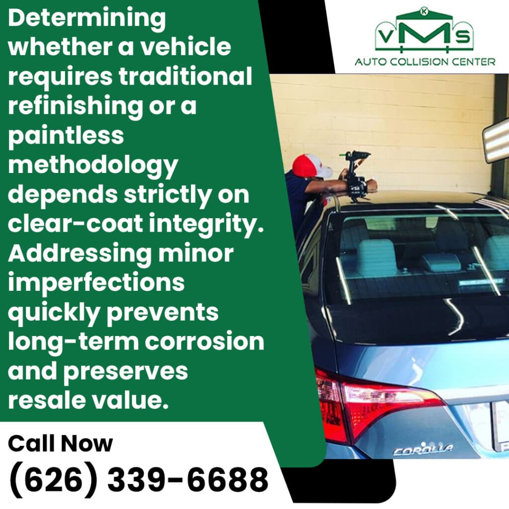 VMS Auto Collision Center graphic explaining how clear-coat integrity determines if a vehicle needs PDR or traditional refinishing.
