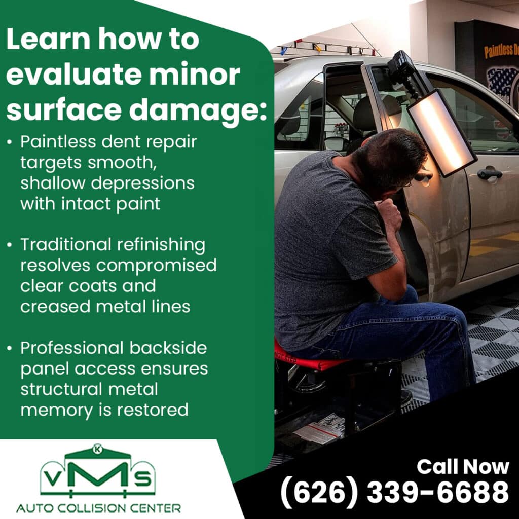 VMS Auto Collision Center infographic comparing Paintless Dent Repair and traditional refinishing for surface damage.