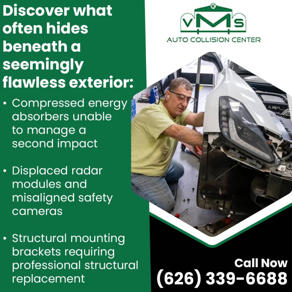 Infographic listing hidden vehicle damage, featuring a technician working on a white car's front bumper assembly.