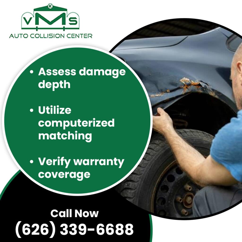 A technician inspecting the damaged front fender and plastic wheel well liner of a dark grey car alongside bullet points detailing damage depth assessment and paint matching.