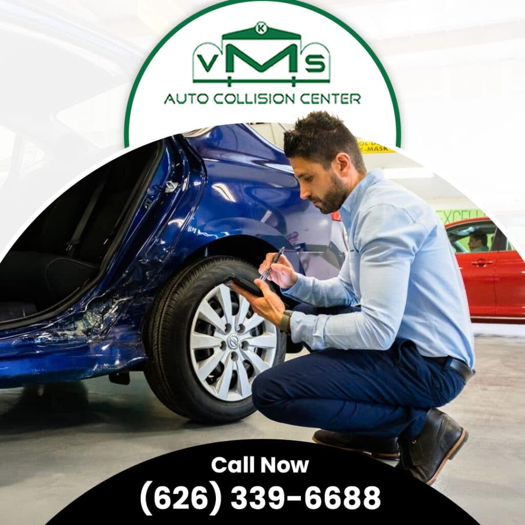 An auto body estimator using a digital tablet to record collision damage on the rear door and quarter panel of a blue car.