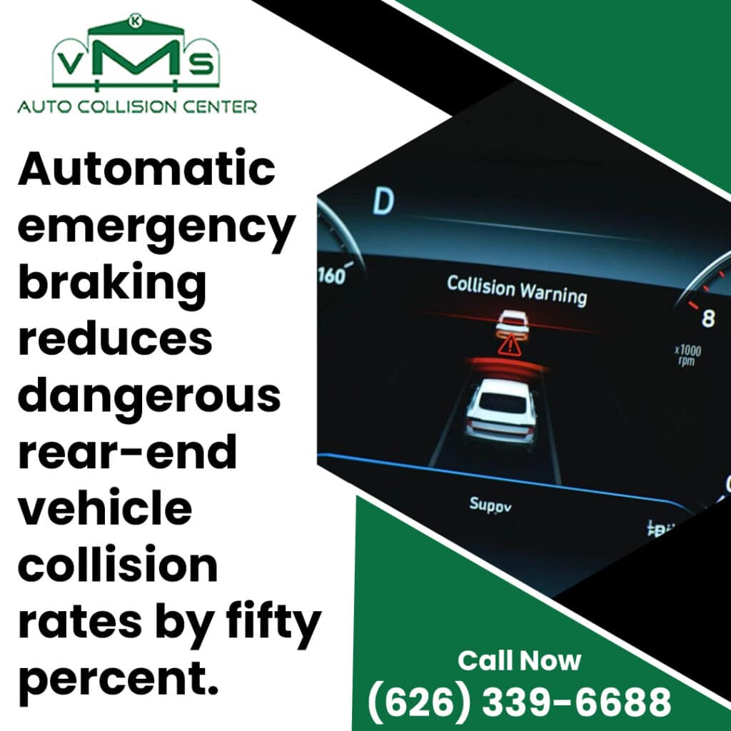 Digital vehicle instrument cluster displaying an automatic emergency braking collision warning indicator next to text about rear-end crash reduction statistics.