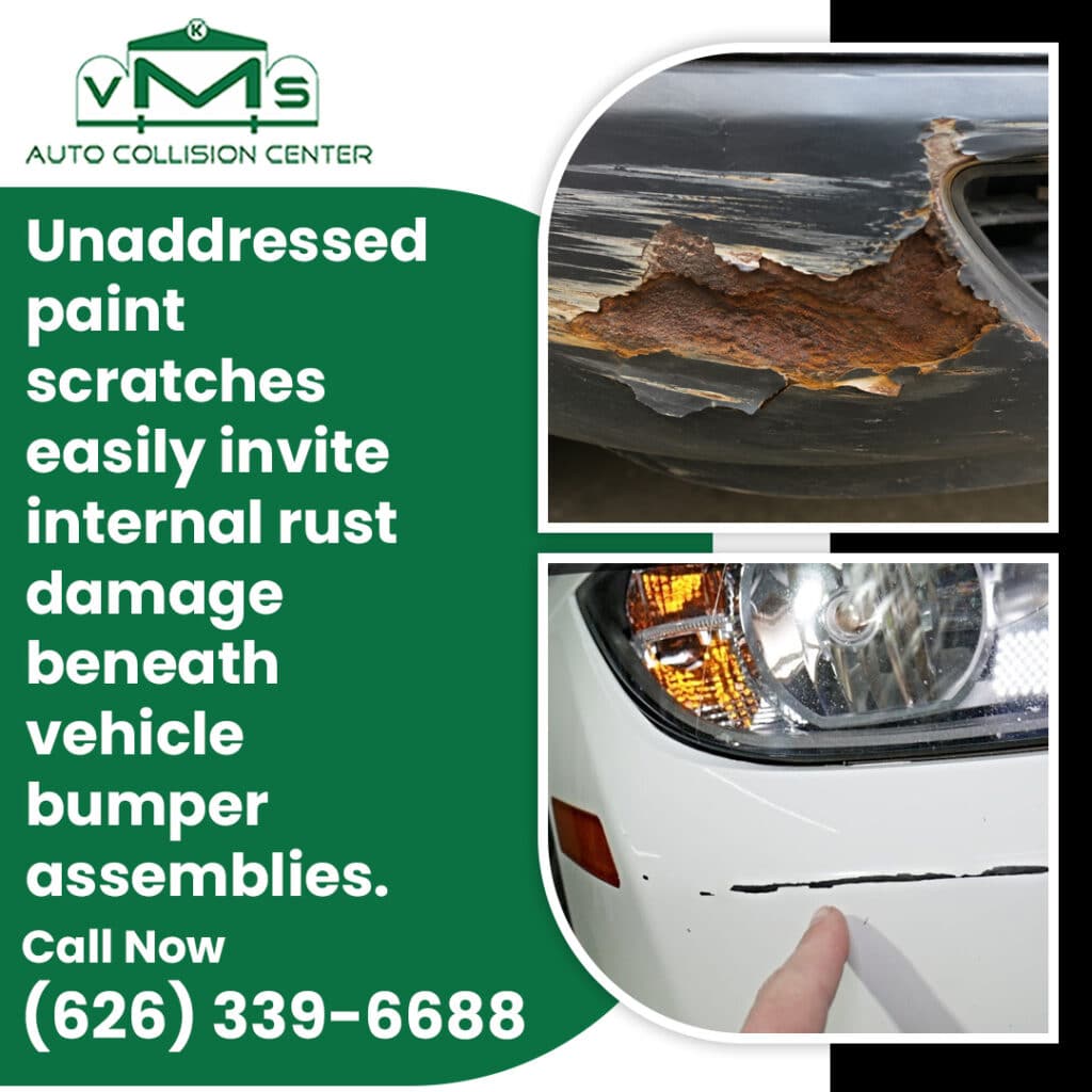 A side-by-side view showing deep rust corrosion on an old vehicle panel alongside a finger pointing to a deep paint scratch on a white front bumper.