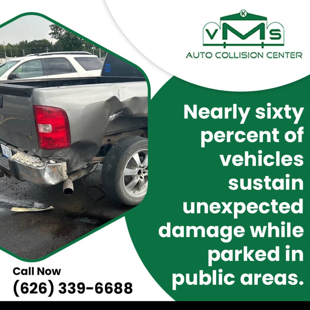 The rear quarter panel and bumper of a silver pickup truck damaged while parked in a lot next to text about public parking collision statistics.