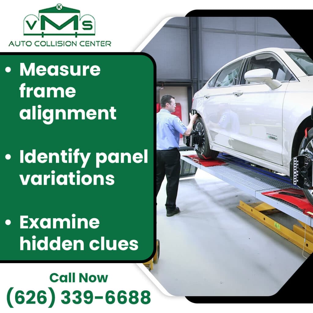 A technician attaching computerized alignment sensors to a car wheel on a lift machine next to bullet points highlighting frame alignment and panel inspection.